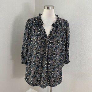 Max Studio Womens Plus 2X Floral Black Blouse 3/4 Sleeve Ruffled Neckline Shirt